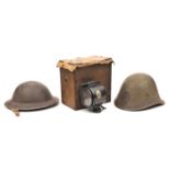 A WWII period Dutch steel helmet, the front with embossed oval rampant lion badge, with lining and