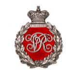 A Vic officer’s silver pouch belt badge, “VR” on red velvet to centre within crowned laurel