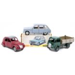 3 French Dinky Toys. Renault 6 (1453), in blue-grey with concave wheels. Citroen 2CV (535), in