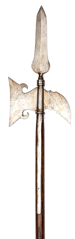 A late 18th century English sergeant’s halberd, steel spear blade 9½”, to tip with axe blade and