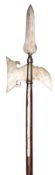 A late 18th century English sergeant’s halberd, steel spear blade 9½”, to tip with axe blade and