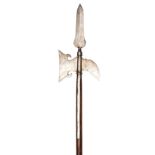A late 18th century English sergeant’s halberd, steel spear blade 9½”, to tip with axe blade and