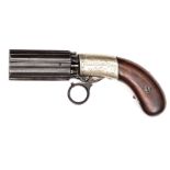 A 6 shot 75 bore Cooper’s Patent ring trigger underhammer percussion pepperbox revolver, 8” overall,