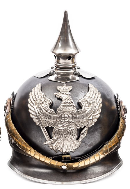 †A good Prussian M1905 Jager zu Pferd helmet of Regiments nos 1-4, of grey steel, the inside stamped