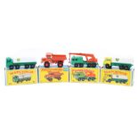 4 mid to late 1960’s Matchbox Series vehicles. No25 Bedford BP Tanker, No28 Mack Dumper Truck,