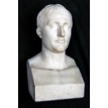 A heavy very well executed white marble head of Napoleon, integral squared torso base, height 22”