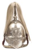 A trooper’s white metal helmet, c 1905, of the Montgomeryshire Imperial Yeomanry, white metal mounts