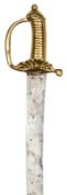 A late 18th century French infantry sidearm, broad flat curved blade 22”, solid brass hilt, plain