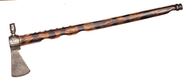 A 19th century American Indian tomahawk pipe, iron trade blade 2½”, with panelled socket and peen