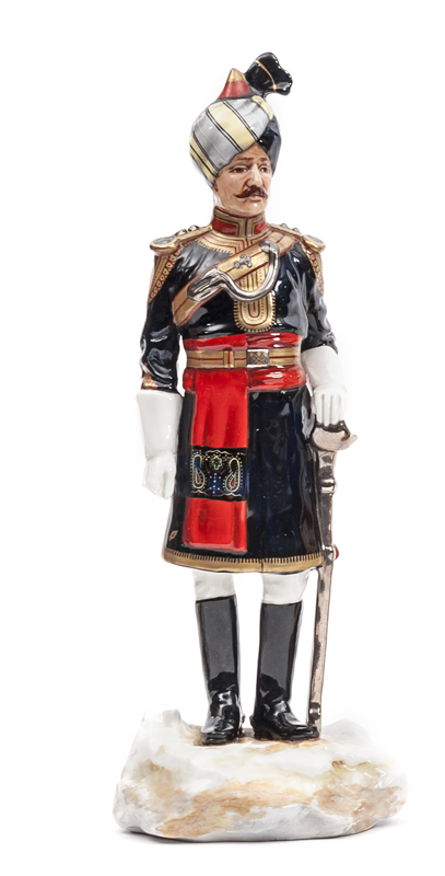 A Michael Sutty painted porcelain figure of an officer “Probyn’s Horse”, in full dress with