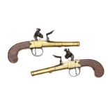 A pair of brass cannon barrelled and brass framed 55 bore flintlock boxlock pistols, by J & W