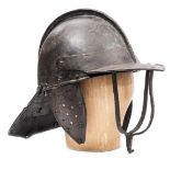 A Cromwellian triple bar “lobster tail” helmet, the skull in two halves with low medial rib and