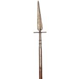 A late 18th century Sergeant’s spontoon, slender leaf shaped blade 12”, crosspiece with bud finials,