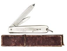 A naval Hall Marked silver presentation pocket knife, 1906, with large and small blades, the large