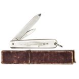 A naval Hall Marked silver presentation pocket knife, 1906, with large and small blades, the large