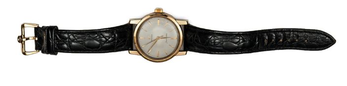 A 9 carat gold Omega “Seamaster” wristwatch, engraved on the back with a stylized “Lightning”