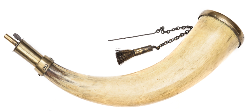 An early 19th century powder horn of the Percy Tenantry, brass sprung scoop nozzle, base engraved