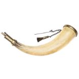 An early 19th century powder horn of the Percy Tenantry, brass sprung scoop nozzle, base engraved