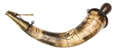 A large naval gunner’s powder horn, polished body showing attractive wavy grain, sprung brass nozzle