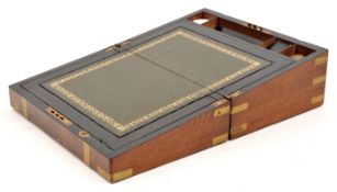 A mid 19th century brass bound walnut veneer writing slope, lacquered brass corner pieces, edge