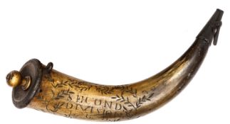 A Napoleonic War period scrimshaw engraved powder horn, engraved “Second Division L.G.D” within a