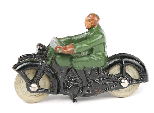 Dinky Toys Civilian Motorcyclist 37a. A 1930’s example, rider in dark green on black motorcycle