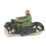 Dinky Toys Civilian Motorcyclist 37a. A 1930’s example, rider in dark green on black motorcycle