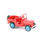 A rare Dinky Toys Jeep 25J 1947-1948. In red with mid blue wheels and black tyres, with screen, open