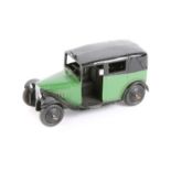 Dinky Toys TAXI 36g. An example in dark leaf green and black with open rear window and ridged wheels