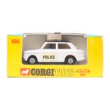 Corgi Toys Police Panda Sunbeam Imp 506. In white with black roof, opening rear window, tilting rear