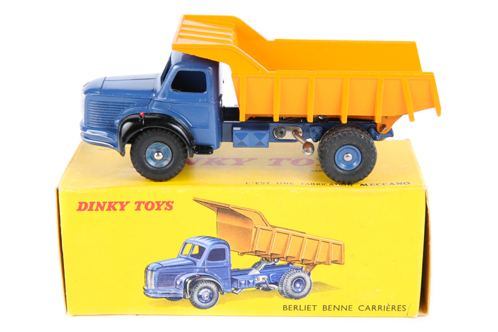 French Dinky Toys Berliet Benne Carrieres 580. Cab and chassis in mid blue with orange tipper