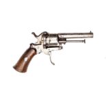 A Belgian 6 shot 7mm open frame DA pinfire revolver, 7” overall, octagonal barrel 3¼”, Liege proved,