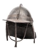 A Cromwellian triple bar “lobster tail” helmet, the skull in two halves with low medial rib and