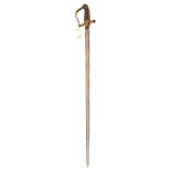 An RN Warrant Officer’s sword, 1825-32, straight fullered blade 31½”, brass stirrup hilt with