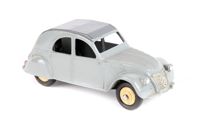 French Dinky Toys Citroen 2cv 24t. Grey body with satin darker grey roof, example with 3 rear red