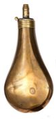 A large plain copper powder flask, brass top marked Sykes Patent, graduated nozzle marked “Sykes”