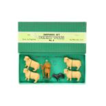 Dinky Toys Shepherds Set No.6 (6 pieces). Shepherd with green hat, sheep dog, black and four