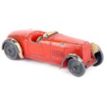 A rare Hornby Series Modelled Miniature Open Sports Car 22a. In orange with cream wheel arches,