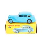 Dinky Toys Triumph 1800 Saloon 151. In mid blue with mid blue wheels and black tyres. Boxed, minor