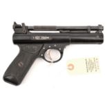 A .22” Webley Premier “E” series air pistol, number 560, stamped beneath the left grip with “E”,