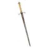 A Geo naval dirk, tapering blade 14”, with central fuller, plain brass crossguard with downturned