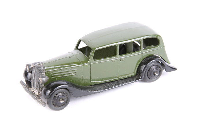 Dinky Toys Vauxhall 30d. An example in gloss olive green with black closed chassis, ridged black