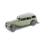 Dinky Toys Vauxhall 30d. An example in gloss olive green with black closed chassis, ridged black