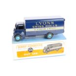 Dinky Supertoys Guy Van 514. In dark blue Lyon’s Swiss Roll’s livery with mid blue wheels.