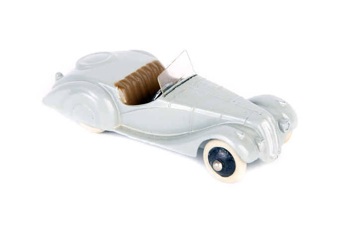 Dinky Toys Frazer Nash BMW Sport 38a. In light grey with brown seats, closed steering wheel, screen,