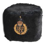 An ERII RAF bandsman’s fur busby, embroidered badge, leather and silk lining. GC (no plume)