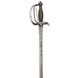 A rare mid 18th century French officer’s sword with folding triple bar hilt, straight single edged