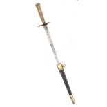 A naval dirk c 1800, shallow diamond section blade 7", gilt crossguard with heavily embossed