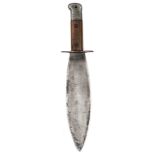 A WWII smatchet, SE leaf shaped blade 11”, oval crossguard, wooden grips secured by studs, alloy