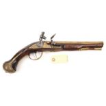 A continental 20 bore brass barrelled flintlock holster pistol, c 1740, reconverted from percussion,